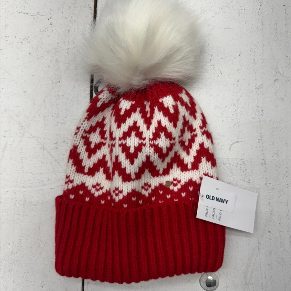 Old Navy Red and White Patterned Beanie with Pom Pom